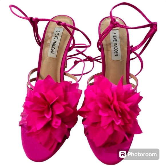 Steve Madden Jolisa Pink Sandals Satin Flower Ankle Wrap Stiletto New sz 8 - Picture 7 of 12